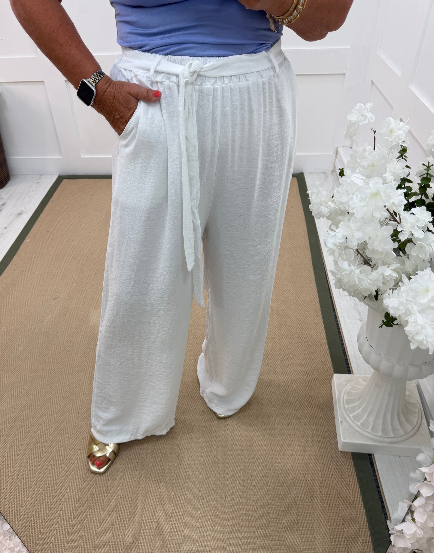 Lindy: Tie waist wide leg trousers. One size: 12-18. 4 colours
