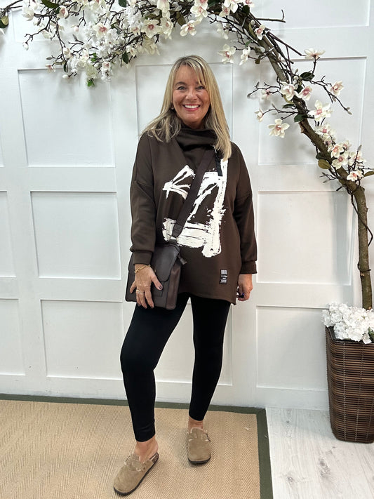 Harper: Brown oversized abstract hoodie. One size: 12-18/20