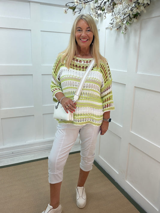 Olivia: 3/4 sleeve stripe holey open knit top. One Sz: 12-18. 3 colours