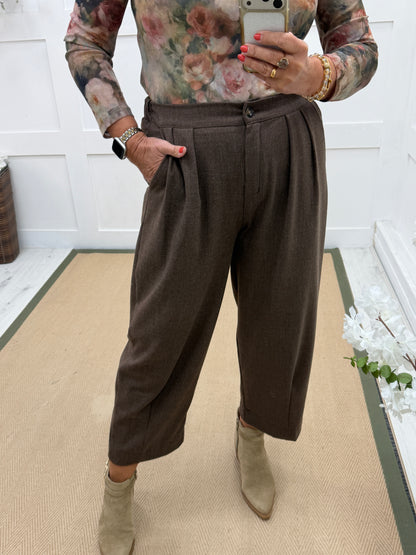 Thea: Brown tweed style barrel trousers. 2 sizes