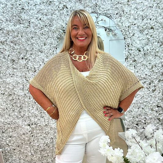 Harriet: Gold lurex cross over top. One size: 16-24