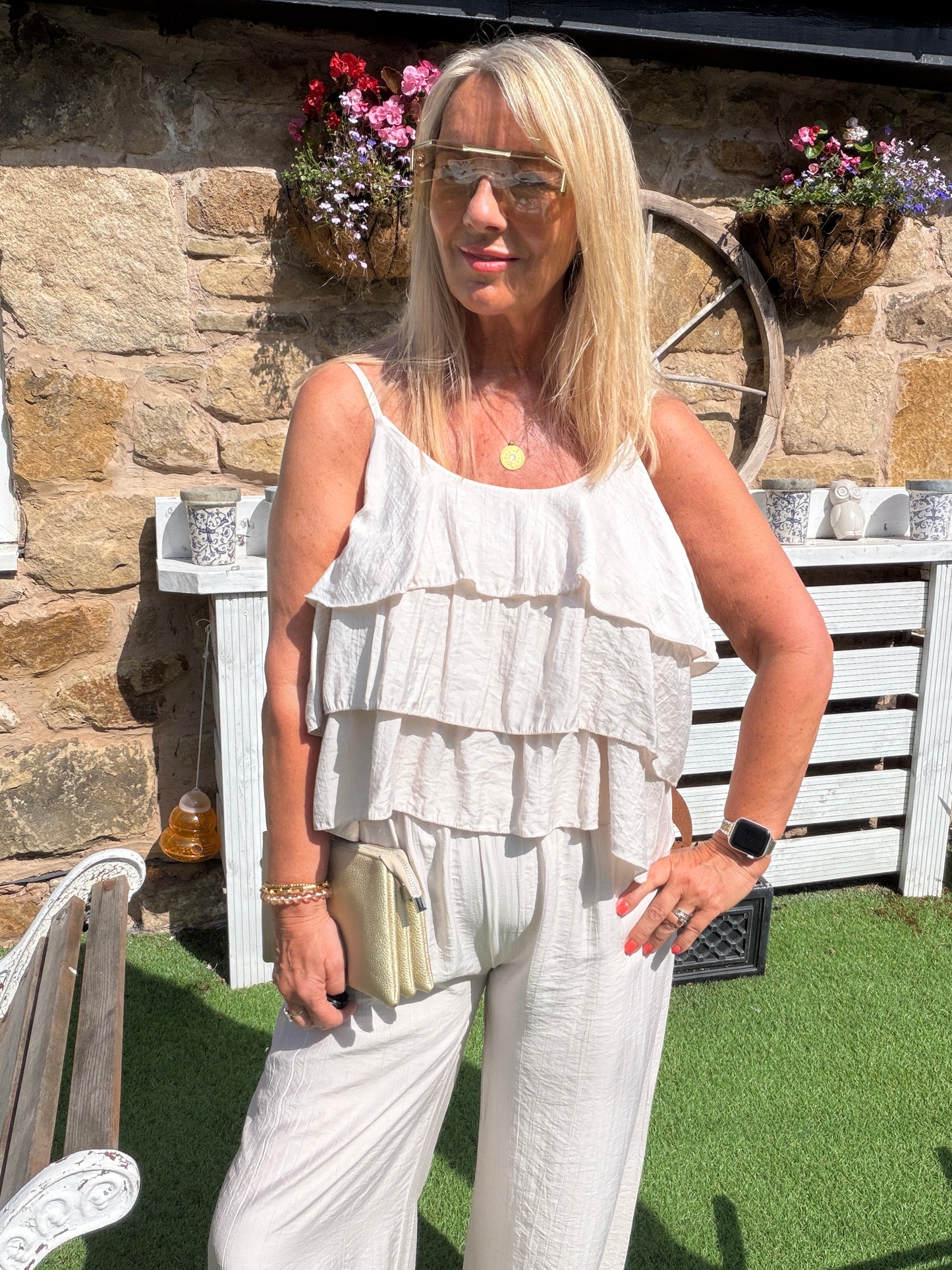 Reagan: Ruffle top and wide leg trouser co ord set. One size: 10-16. 5 colours