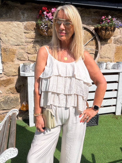 Reagan: Ruffle top and wide leg trouser co ord set. One size: 10-16. 5 colours