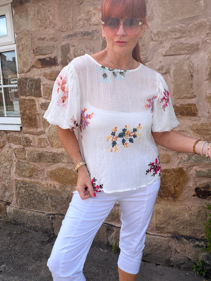 Lucinda: Multicoloured embroidered floral short puff sleeve top. One size: 10-14