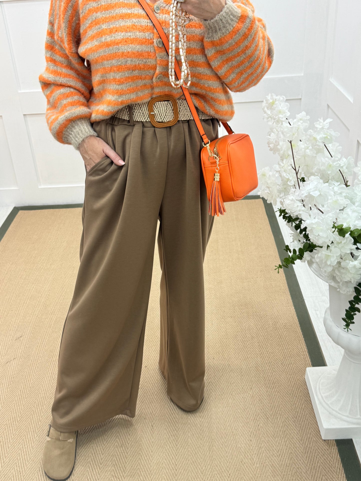 Ellis: Sand stretchy wide leg belted trousers One Size: 14-20