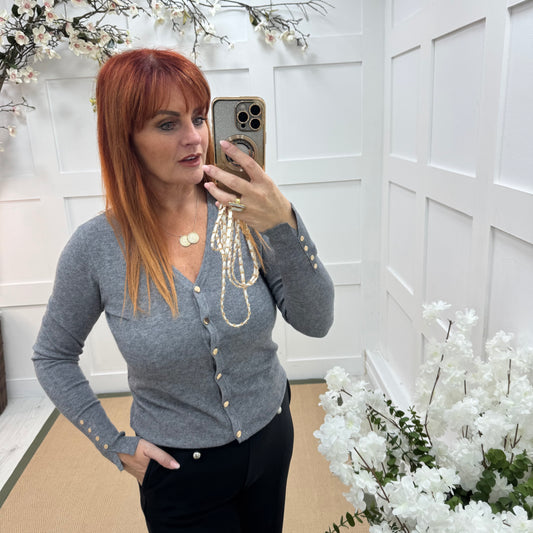 Katy: Grey V neck button sleeve top/cardigan. 2 sizes