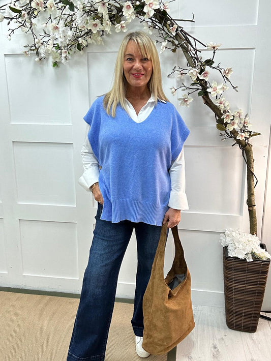 Phoenix: Blue button knit top. One size: 14-20