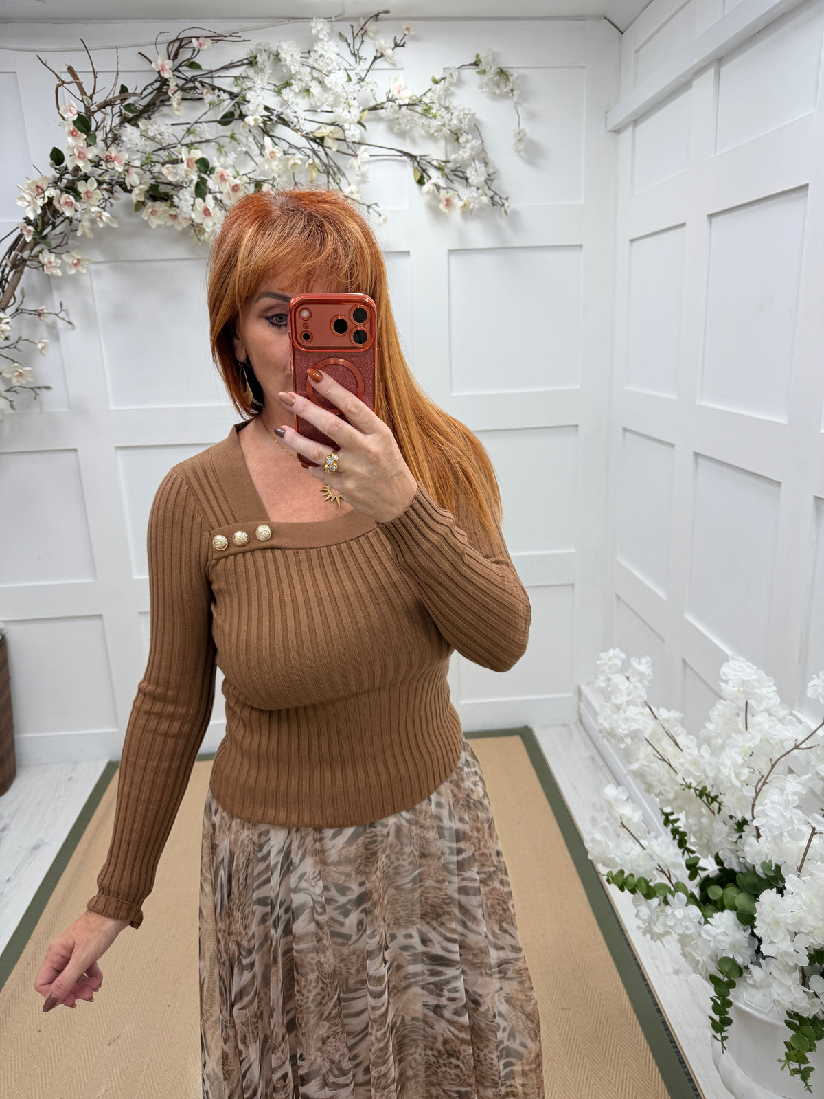 Camille: Ribbed gold button top. 2 sizes. 3 colours