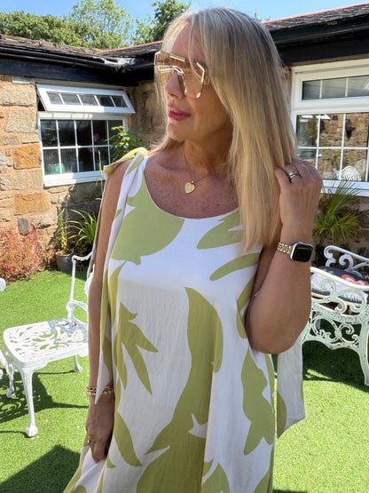 Mila: Leaf printed maxi dress with large rose gold disc detail. One size: 12-18. 2 colours