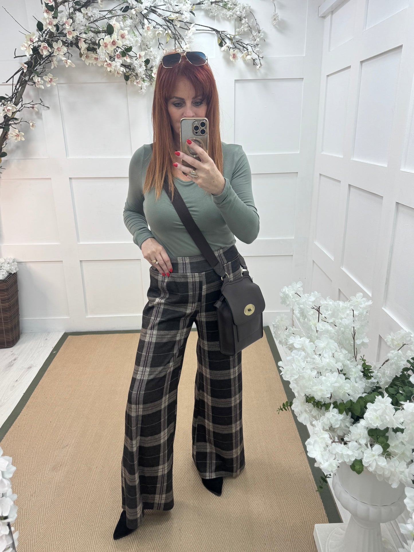 Tamara: Khaki wide leg tartan check trousers. One size 10-16