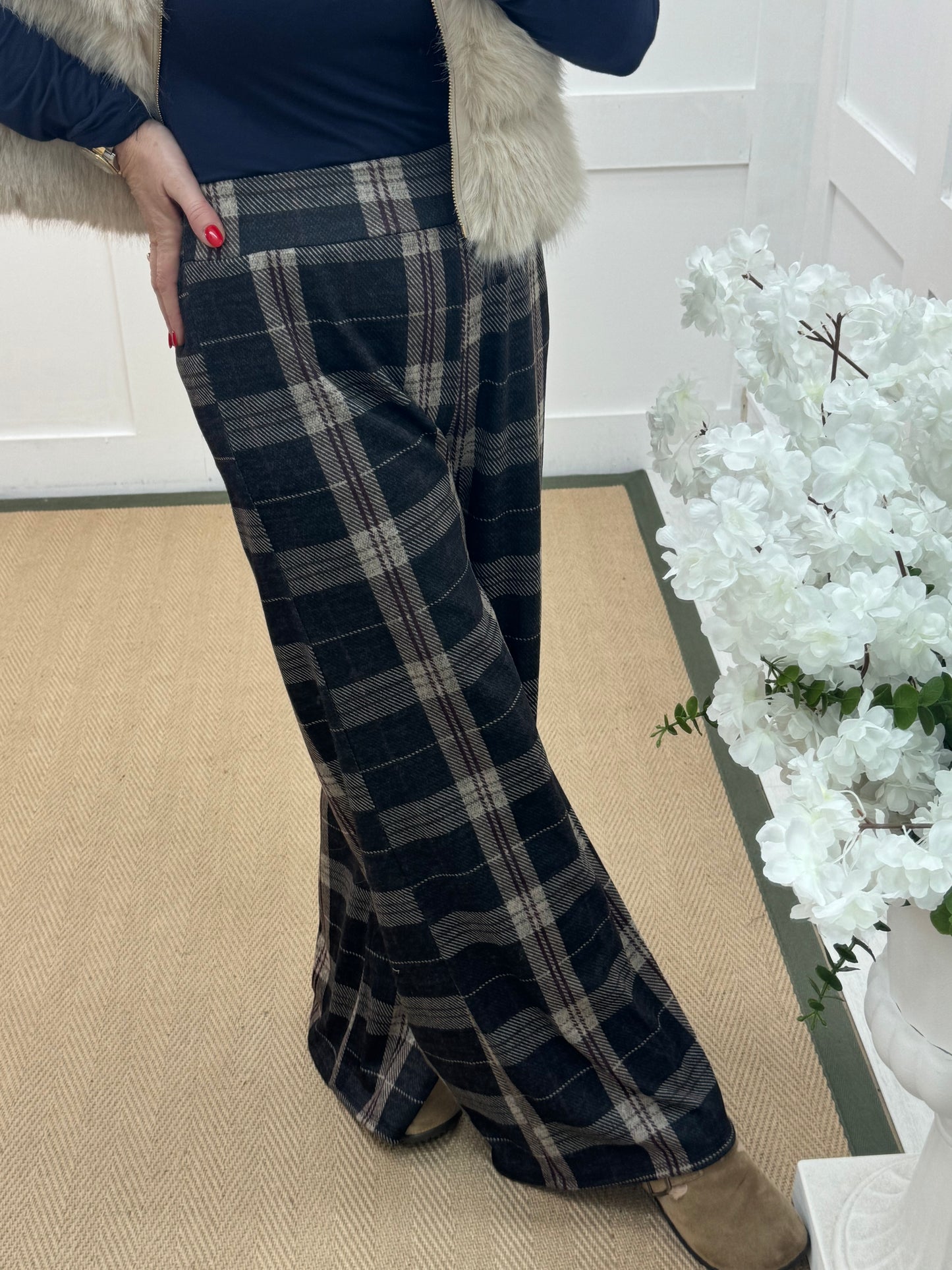 Tamara: Navy wide leg tartan check trousers. One size 10-16