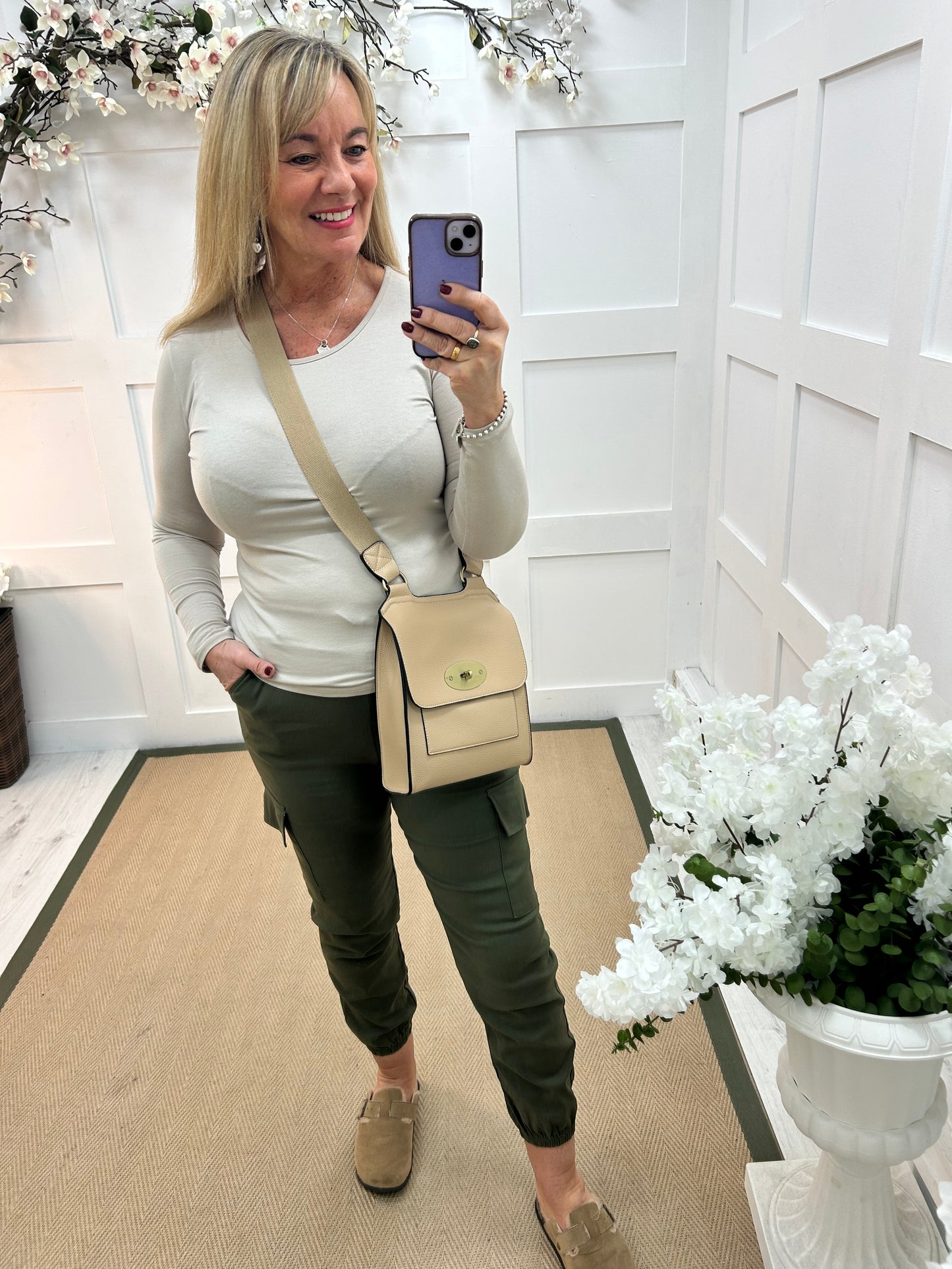 Charley: Khaki cargo jogger trousers. Two sizes.