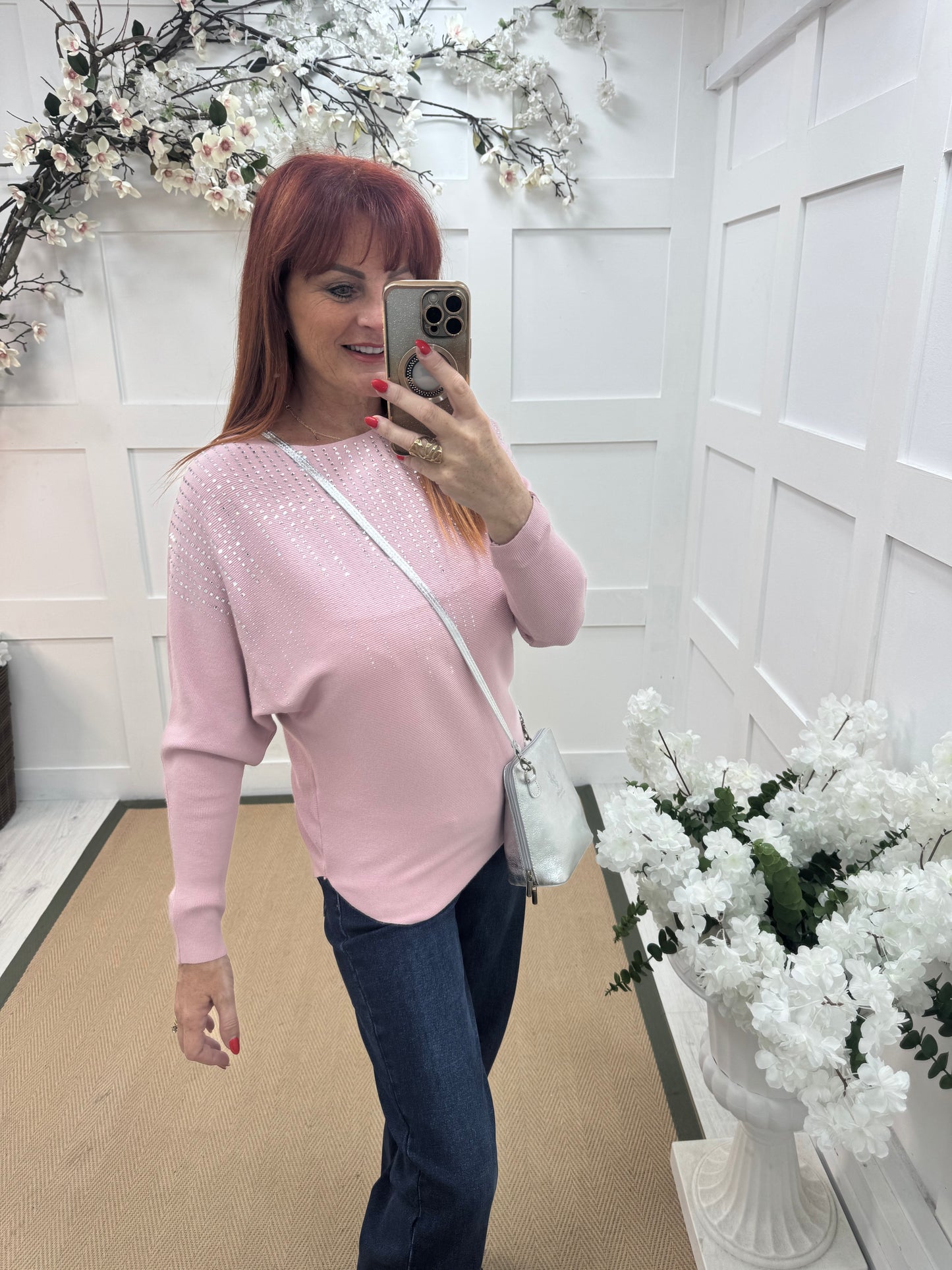 Arabella: Pink diamanté long sleeve top. One size: 12-16