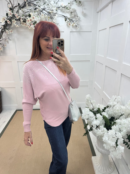 Arabella: Pink diamanté long sleeve top. One size: 12-16