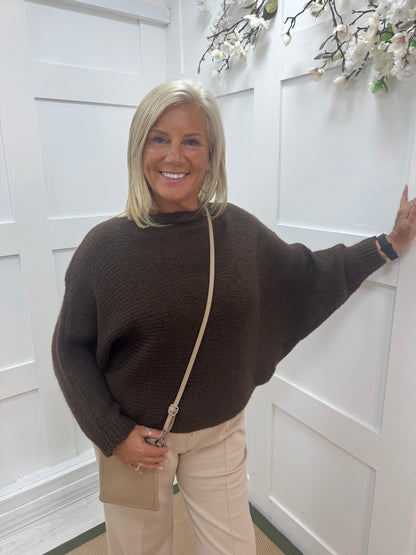 Willow: Chocolate brown stretchy short wrap top. One size: 10-18