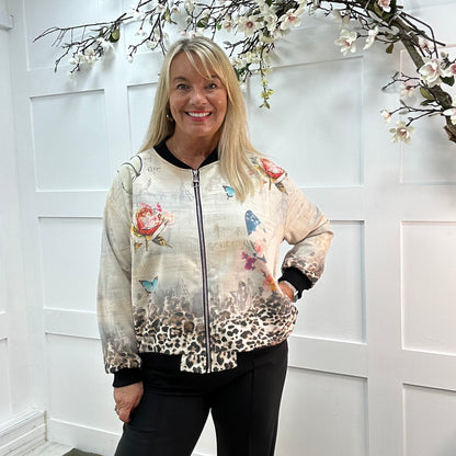Evelyn: Frida Kahlo print soft feel bomber jacket. One size: 16-20