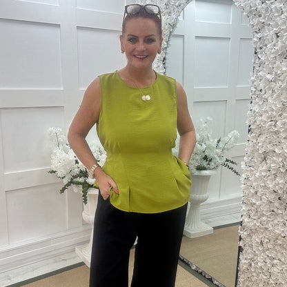 Maisie: Lime tie waist peplum top. One size: 14-18