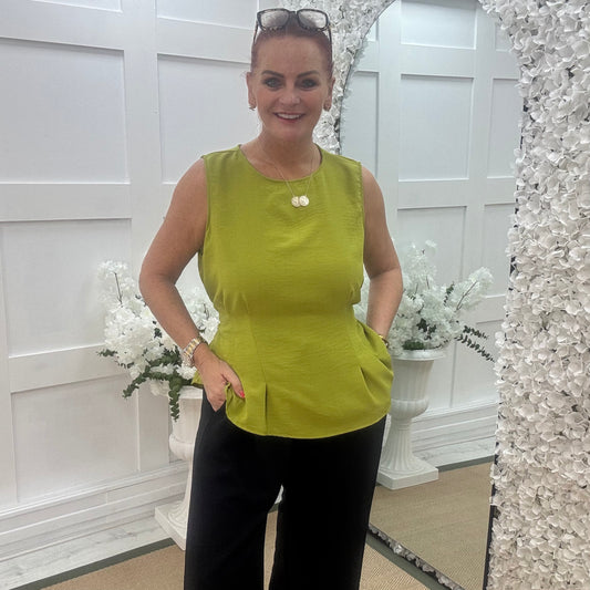Maisie: Lime tie waist peplum top. One size: 14-18