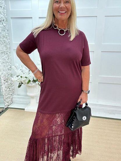 Celeste: Burgundy lace maxi dress. One size: 14-18