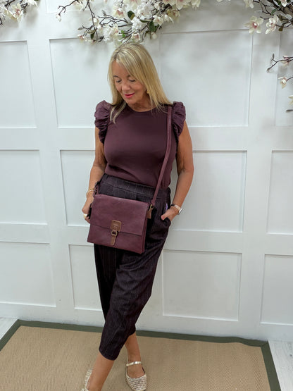Abbie: Plain burgundy frill top. 2 sizes