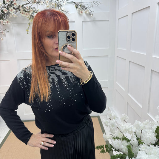 Coco: Black & diamanté long sleeve knit top. One size: 10-16/18