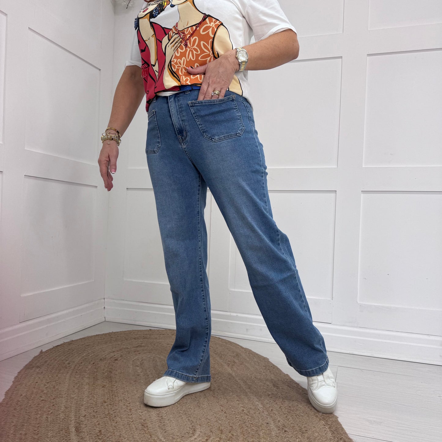 Ava: Mid blue wide leg pocket jeans. Sizes: 8-16