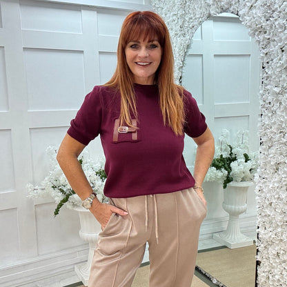 Harley: Burgundy H logo knit top. One size: 10-16