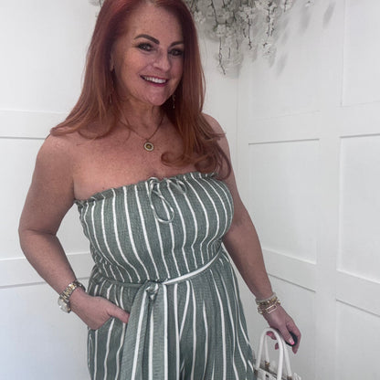 Kendal: Khaki pinstripe wide leg jumpsuit. 3 sizes: 10-20