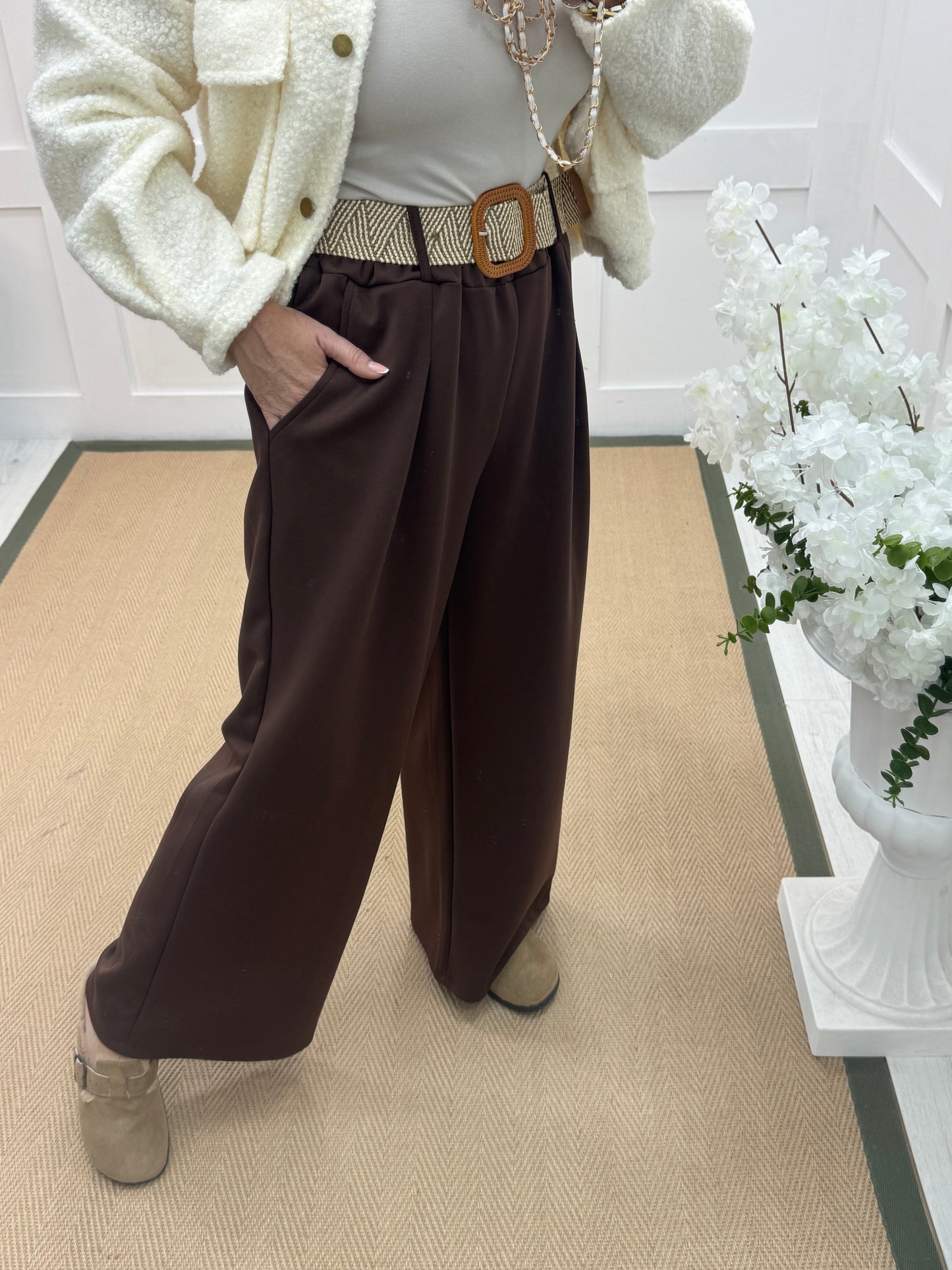 Ellis: Brown stretchy wide leg belted trousers One Size: 14-20