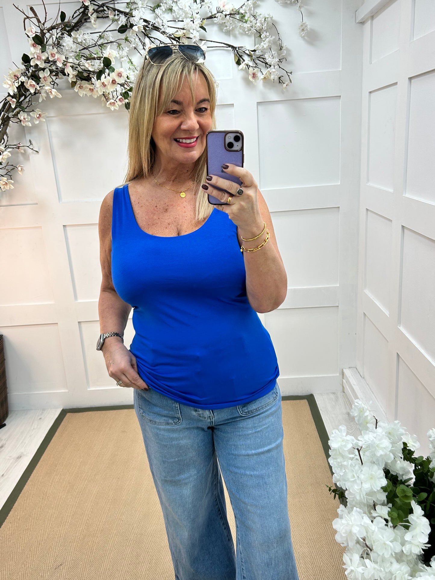 Abigail: Stretchy royal blue basic vest top. 2 sizes