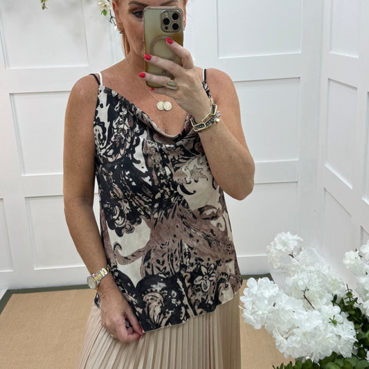 Cassidy: Brown print cowl neck strappy top. One size: 12-18