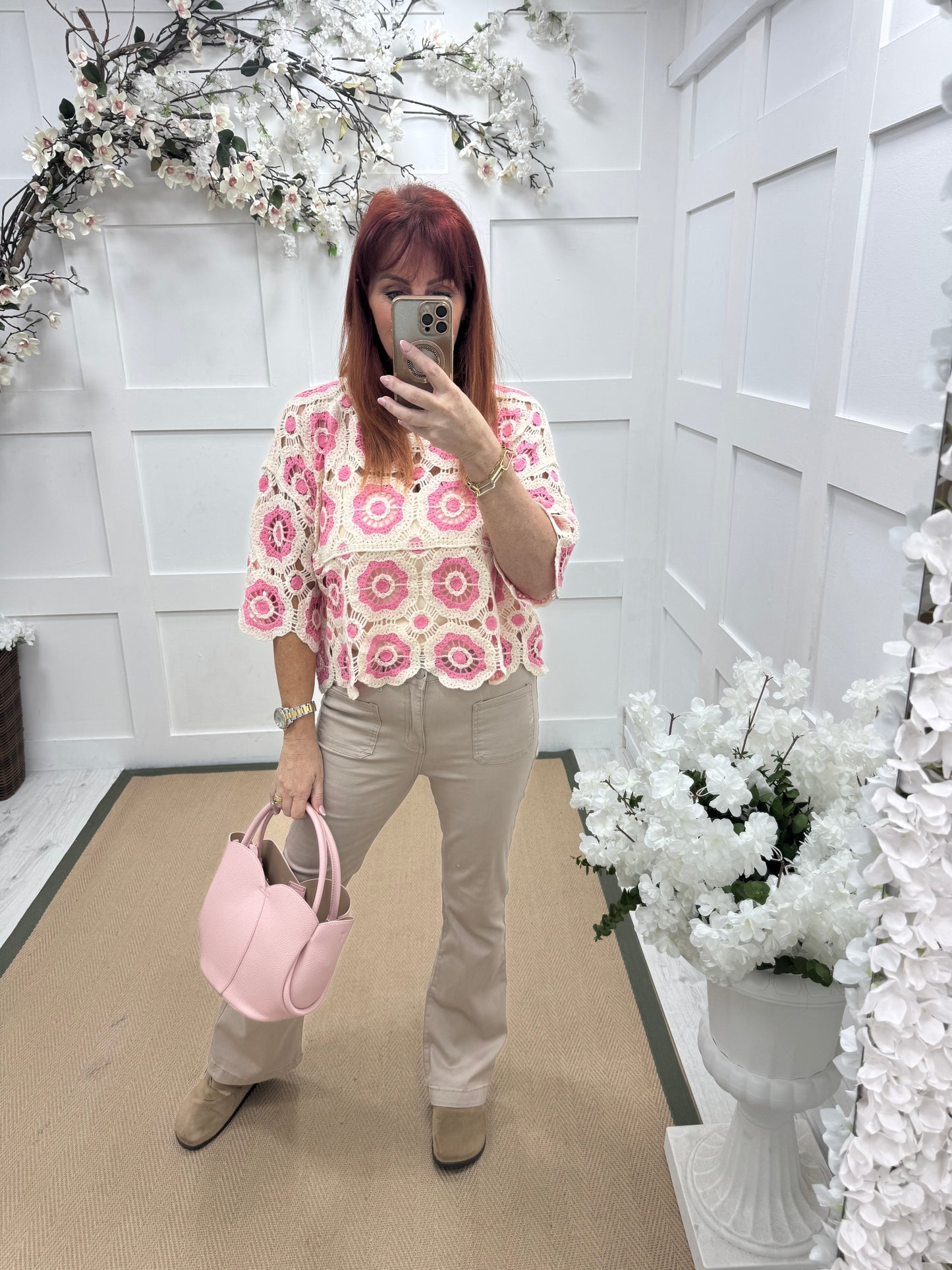 Candy: Pink and cream short crochet top. One size: 12-16