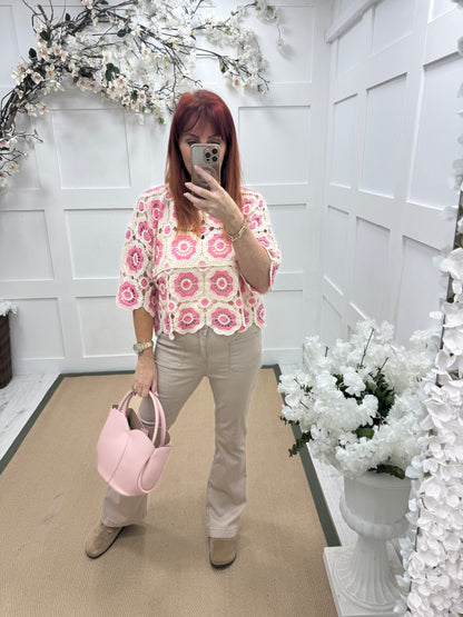 Candy: Pink and cream short crochet top. One size: 12-16