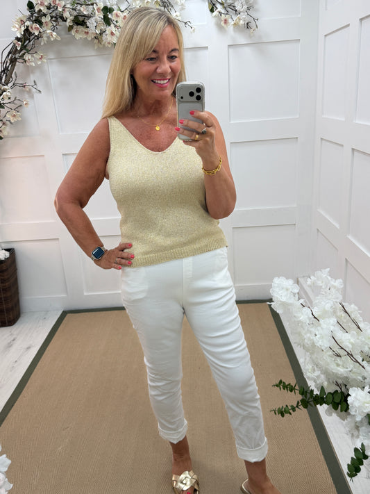 Veda: Gold lurex vest top. One size: 10-16