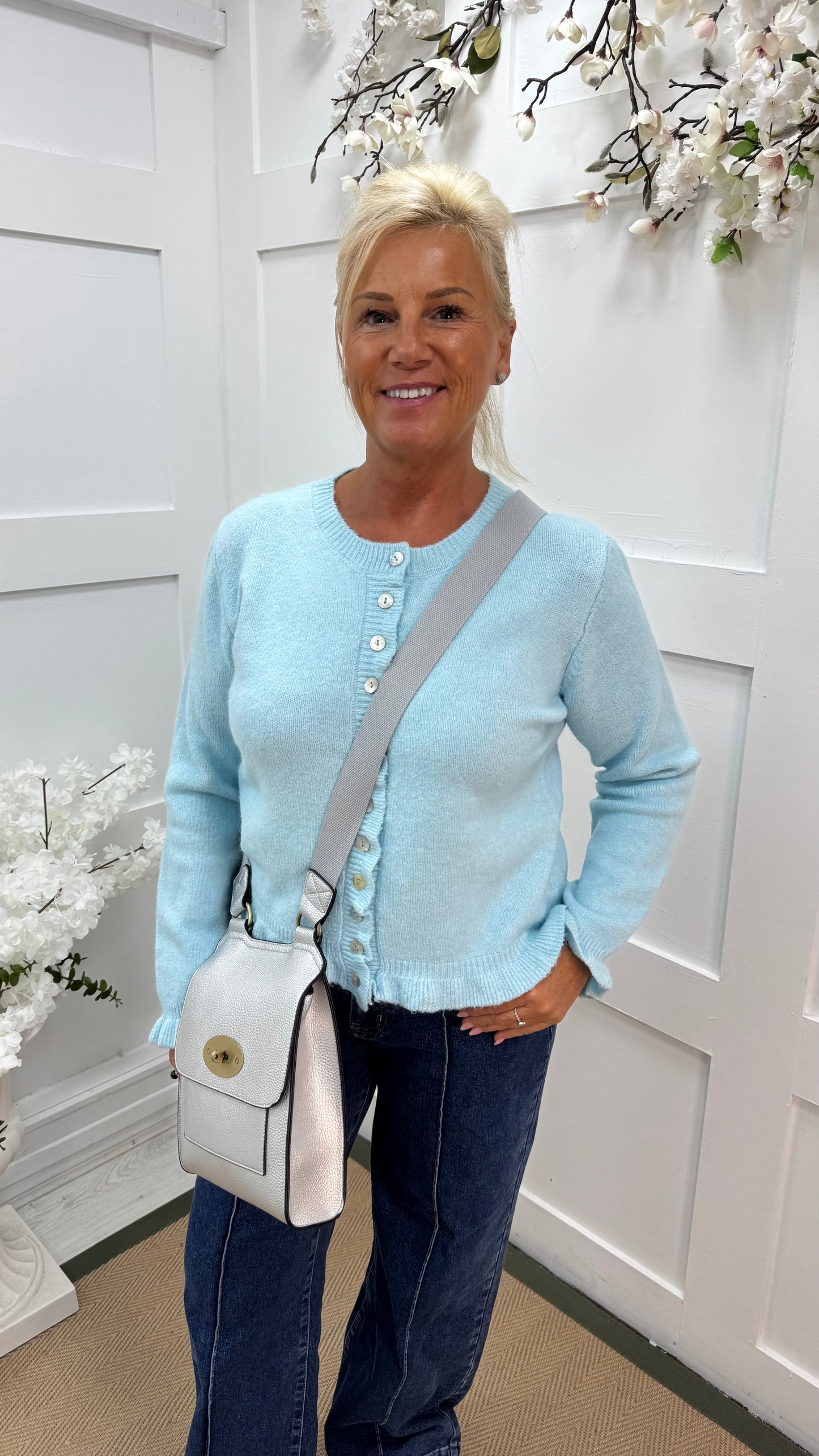 Lucille: Baby blue ruffle cardigan. 2 sizes