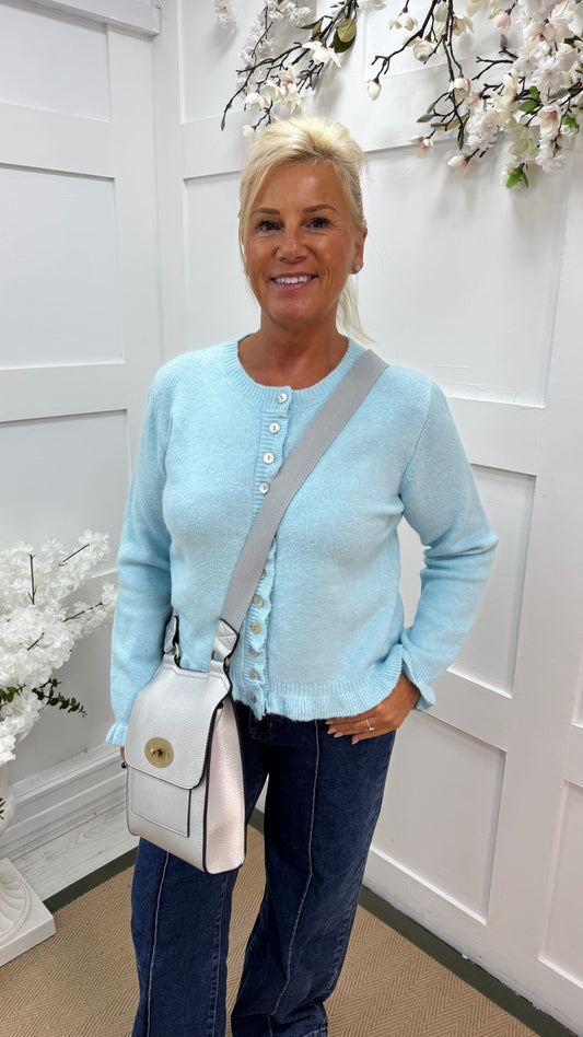 Lucille: Baby blue ruffle cardigan. 2 sizes