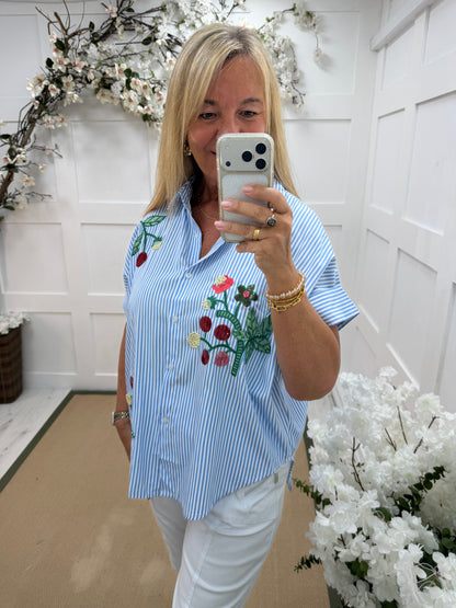 Beau: Blue stripe floral sequin embellished shirt. One size: 14-20