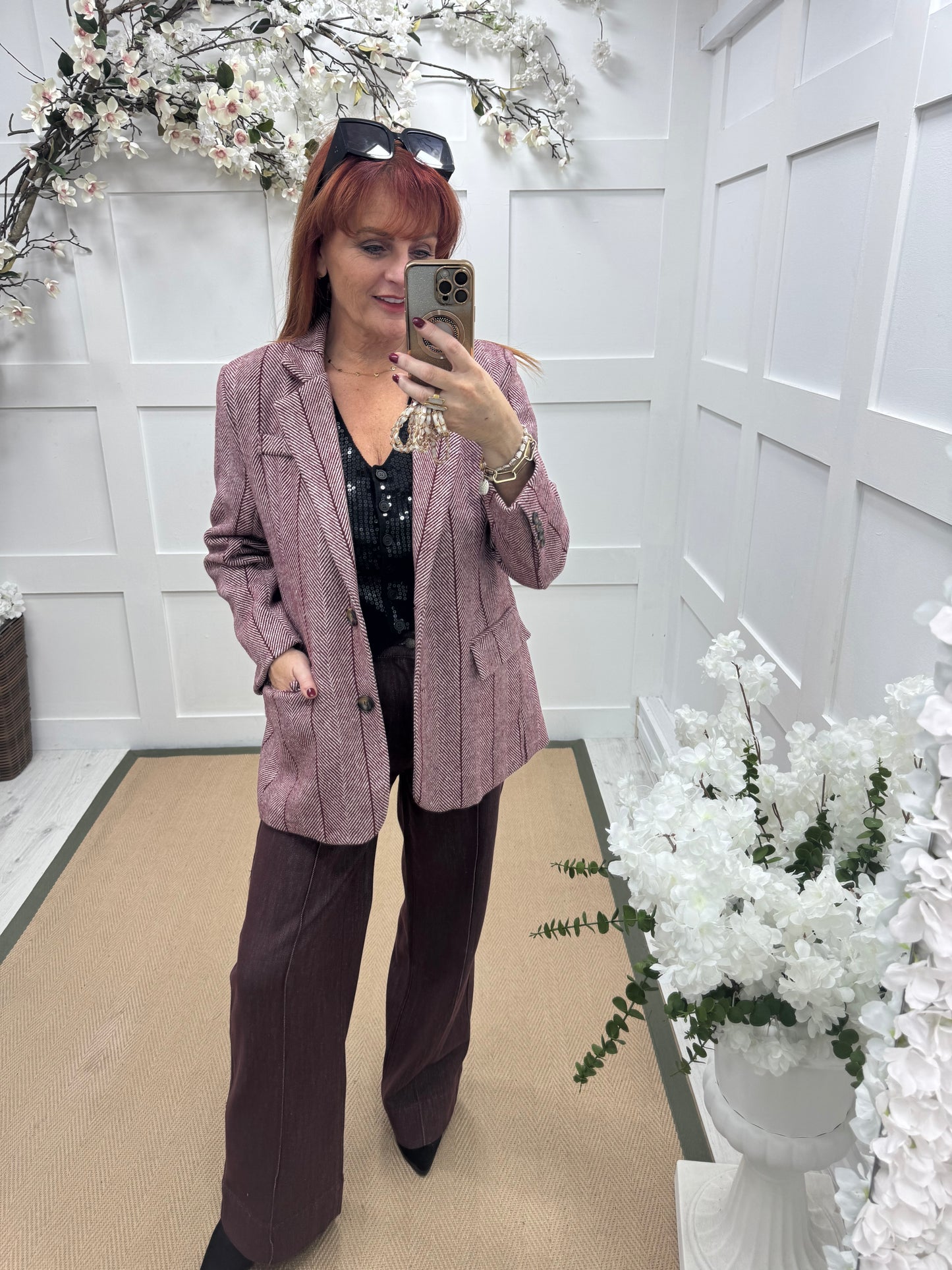 Bernie: Burgundy herringbone tweed blazer. One size: 12-16