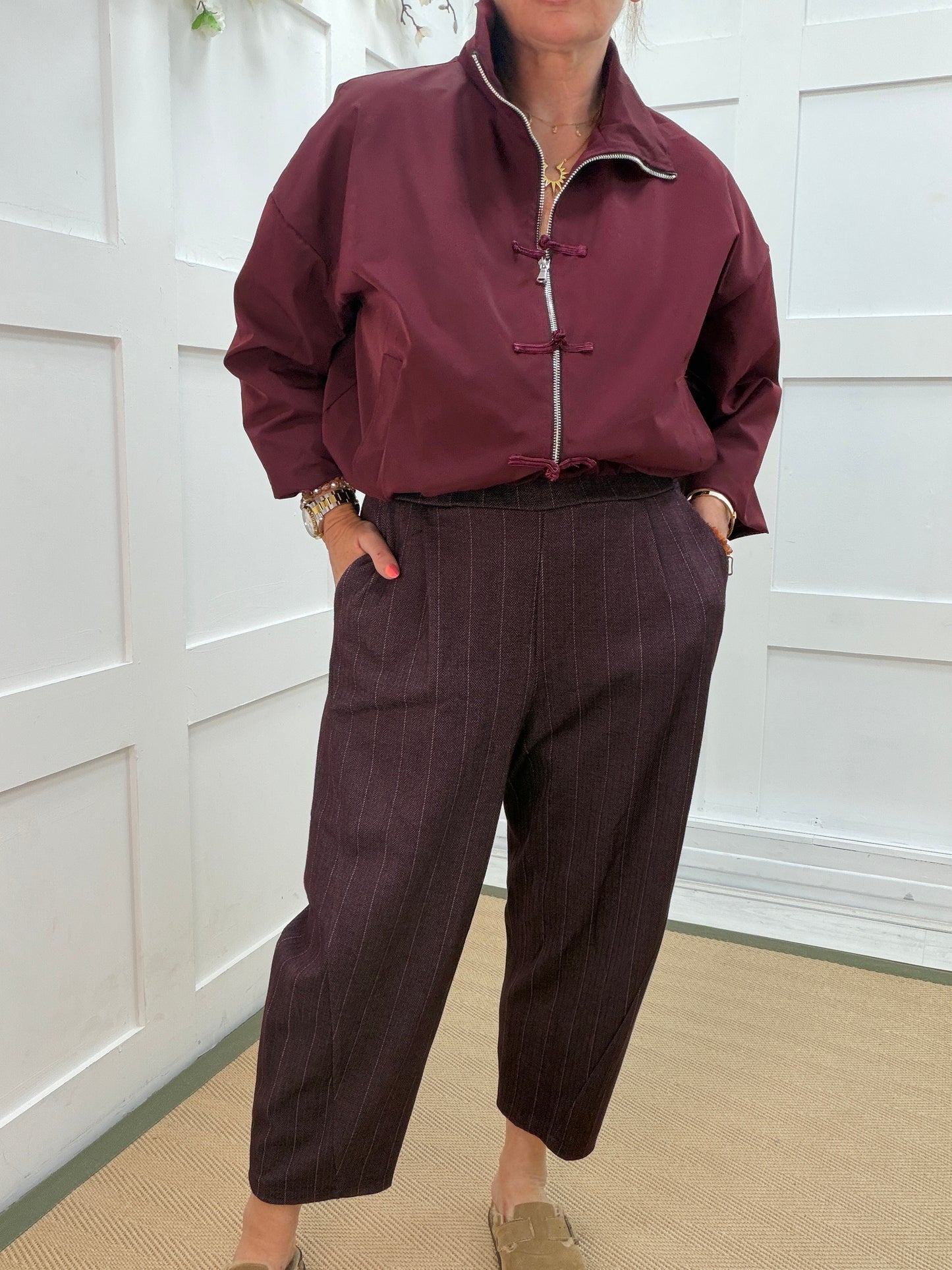 Roxy: Pinstripe barrel leg pocket trousers. One size: 10-18. 3 colours