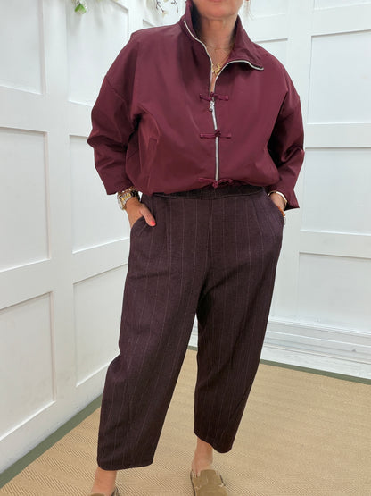Roxy: Pinstripe barrel leg pocket trousers. One size: 10-18. 3 colours