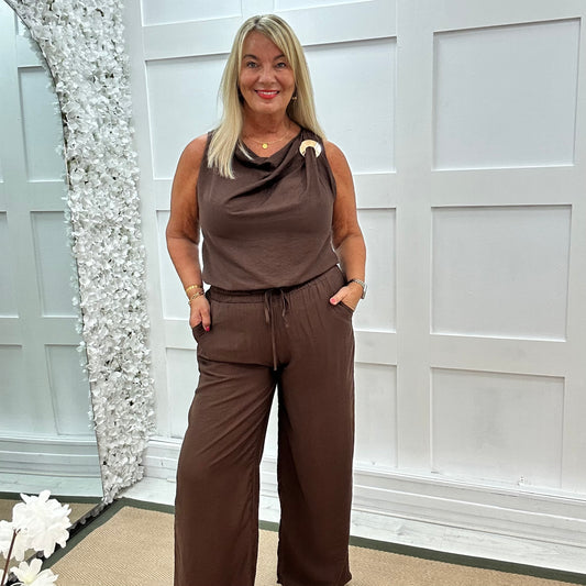 Melissa: Brown cowl neck top & trouser co-ord set. One size: 12-18