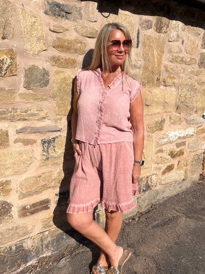 Faith: Hopsack frill button top & shorts set. One Sz: 10-16. 3 colours