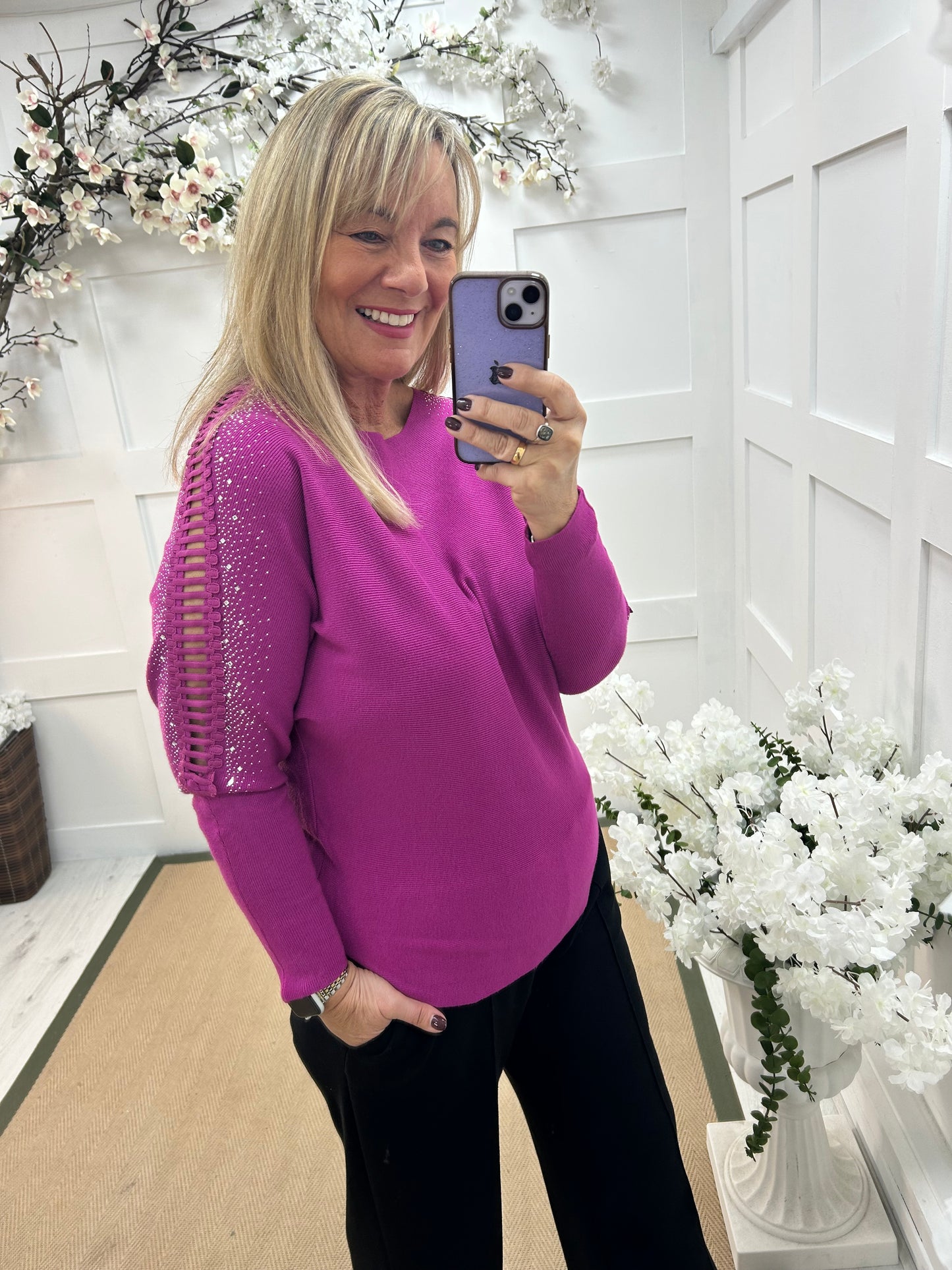 Arianne: Fuchsia sparkle cutout shoulder top. One size: 12-16