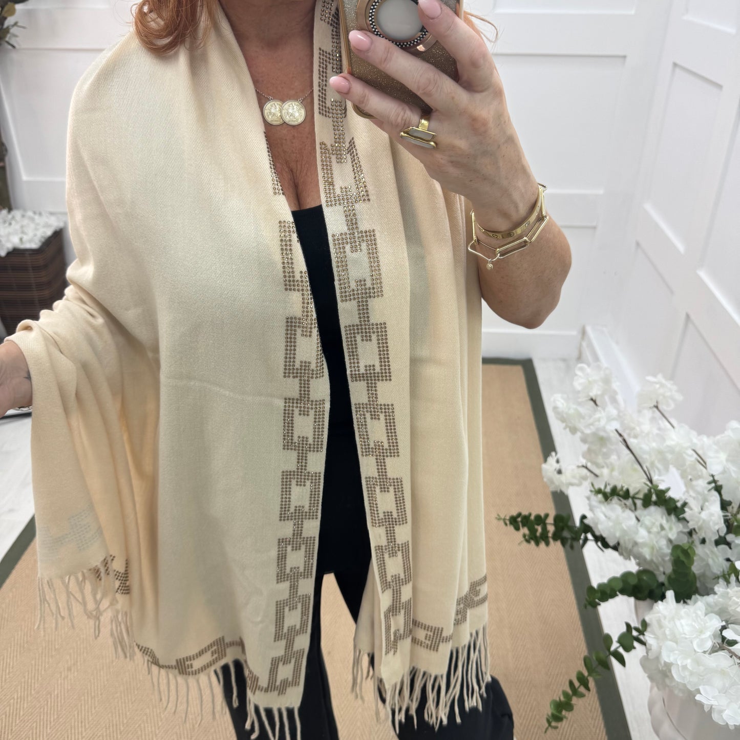 Cass: Cream diamanté designer inspired scarf