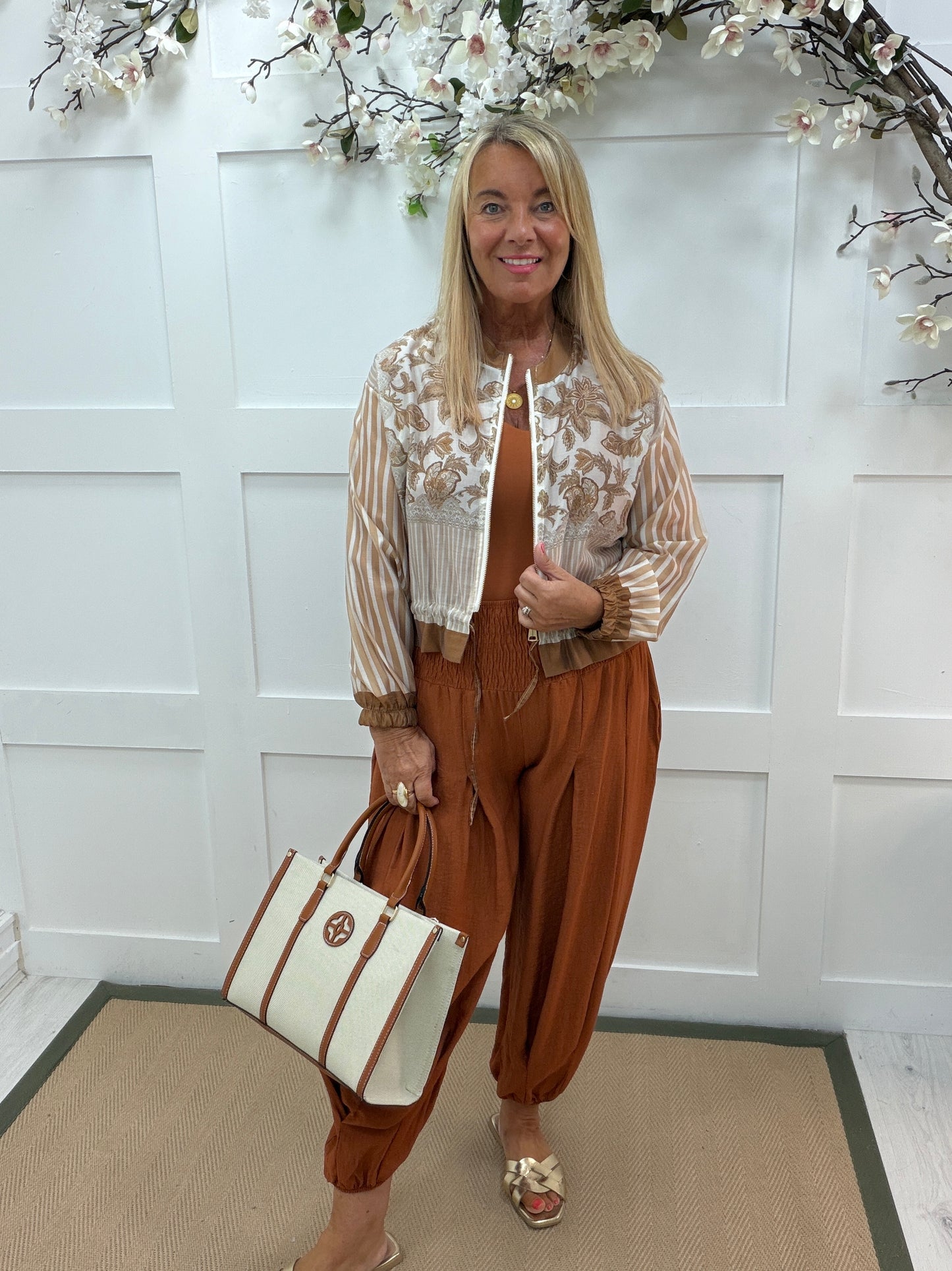 Steph: Bronze printed silky bomber jacket. One size: 10-16