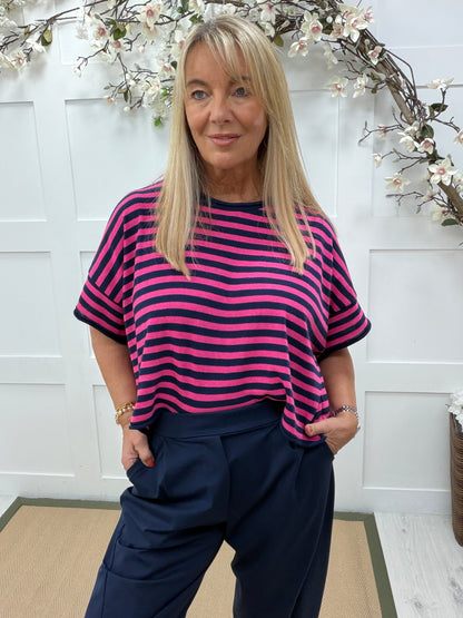 Suki: Short sleeve stripe knit top. One size: 12-18. 2 colours