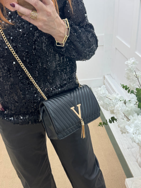 Clare: Black quilted gold V evening bag