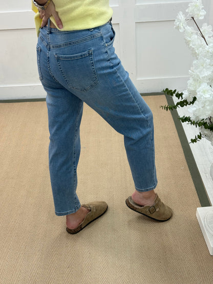 Devon: Light blue belted balloon jeans. Sizes: 8-16