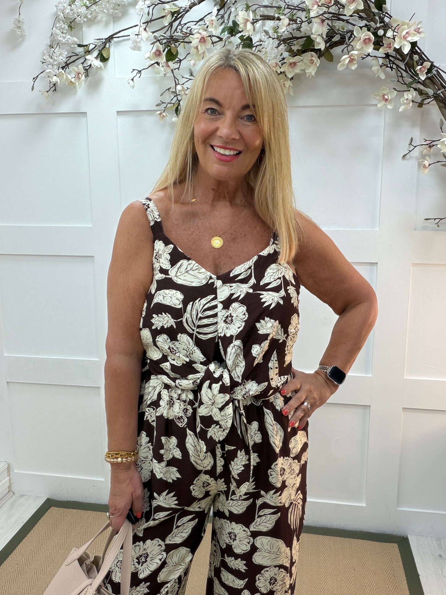 Faith: Brown & cream floral printed wide leg jumpsuit. 4 sizes