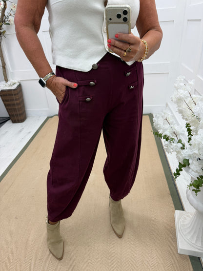 Mimi: Stretchy military button barrel trousers. One size 12-16